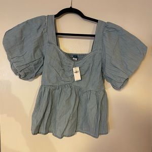 Old Navy Chambray Puff-Sleeve Waist-Defined Top